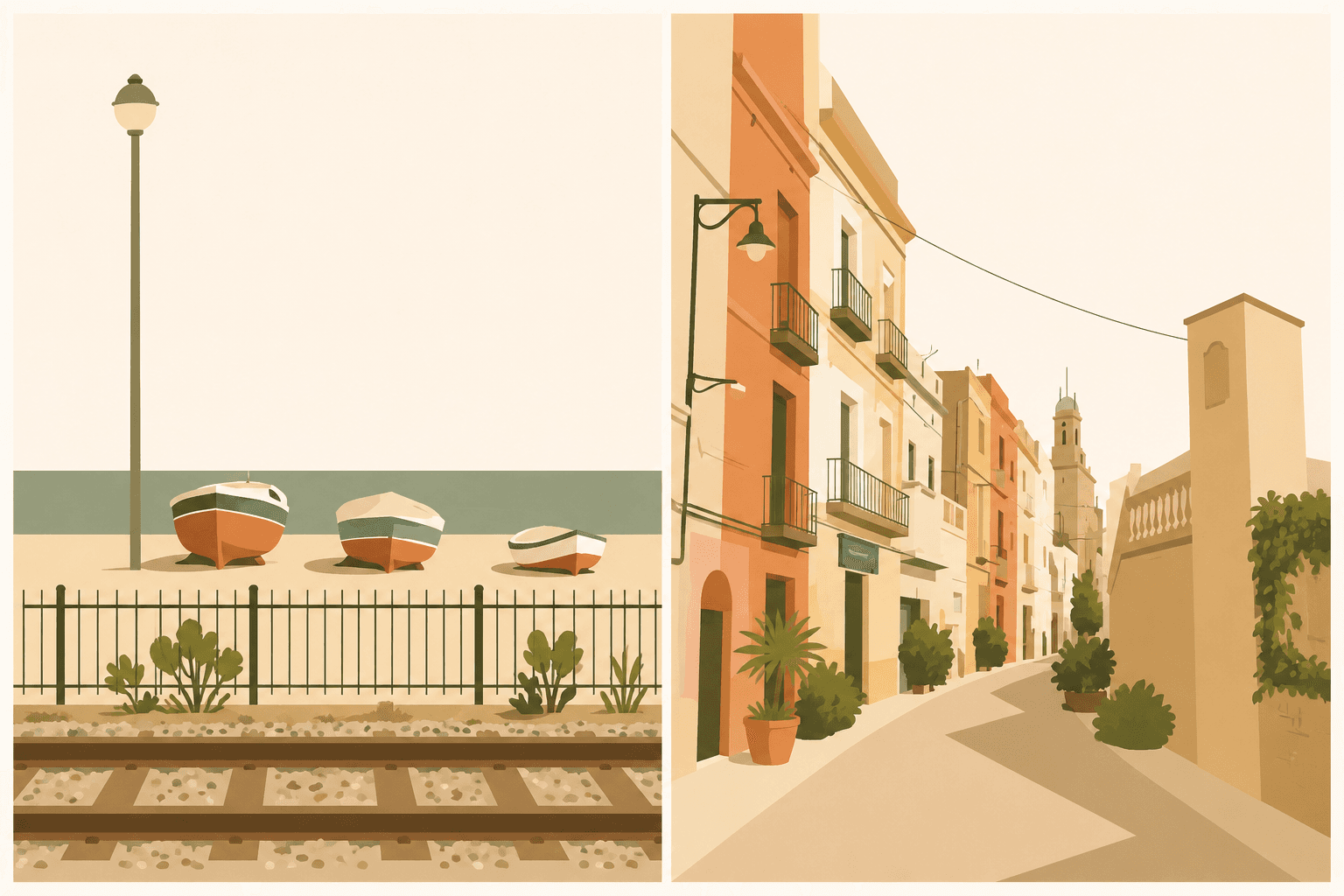 Dos escenas urbanas: barcas varadas en la arena con las vías del tren delante, y una calle estrecha del centro con fachadas pastel