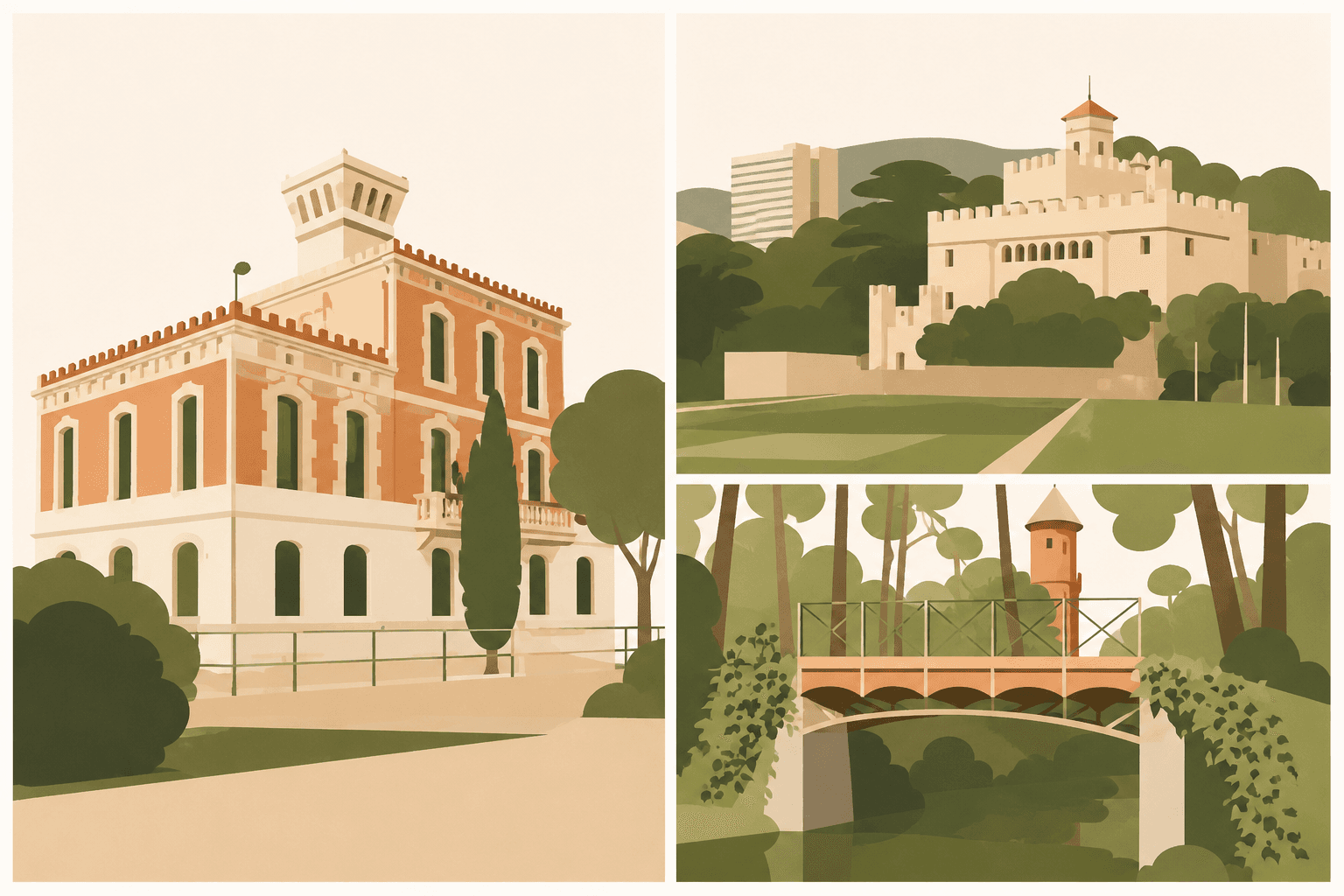 Tres edificios y espacios cívicos de Badalona: la Casa Roberto, el Castillo de Godmar y un puente del parque de Can Solei