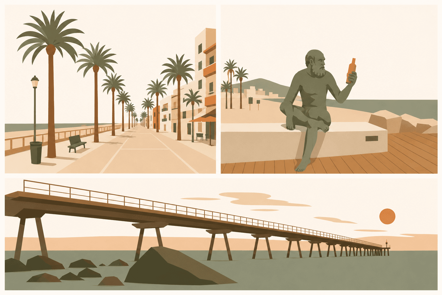 Tres escenas del frente marítimo de Badalona: paseo con palmeras, la estatua del Anís del Mono y el puente del Petroli al atardecer